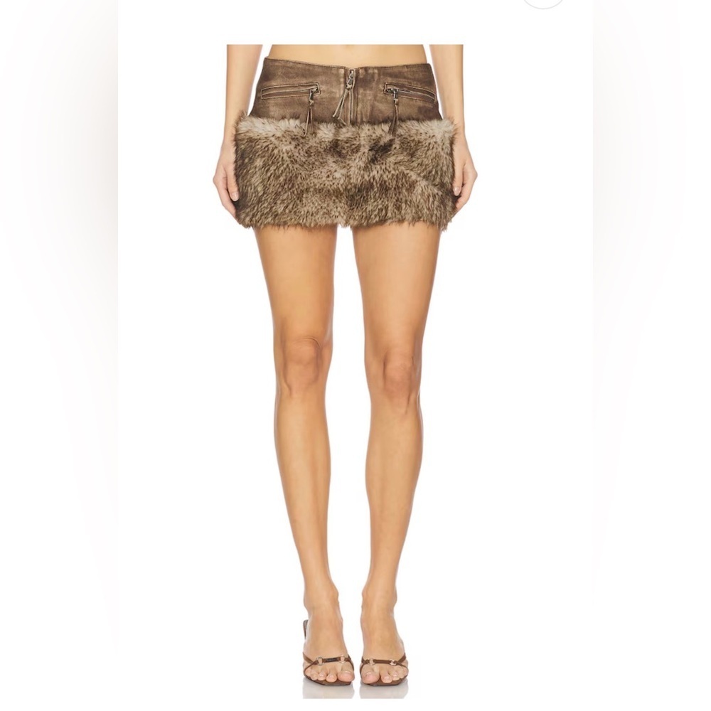 Jaded London Pu Faux Fur Mini Skirt in Brown Size 6 NWT